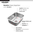 Houzer MS-2309 Medallion Classic 23" Stainless Steel Undermount 9" Deep Single Bowl Kitchen Sink with Strainer & Grid