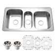 Houzer PGT-4322 Premier 41" Stainless Steel Drop-in Topmount 4-hole Triple Bowl Kitchen Sink with Strainers & Grids