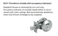 Falcon D271 Thumbturn with Occupancy Indicator function description card – deadbolt thrown or retracted by turn unit, color-coded occupancy indicator, emergency key supplied