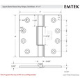 Emtek 96314 Solid Brass Square Barrel Heavy Duty Hinges (Pair), 4" x 4" (Thinner Leaf Thickness 0.125")