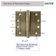 Emtek 94014 Heavy Duty Ball Bearing Door Hinge, 4" x 4" Square Corners — dimensional diagram showing hole spacing and barrel dimensions