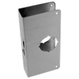 Don-Jo 4-CW wrap around plate, Satin Stainless Steel finish, side and rear angle showing door edge wrap and latch bolt cutout