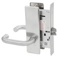 Corbin Russwin ML2010 mortise passage lockset with rectangular escutcheon plate and tubular lever, satin chrome finish - mortise body and latchbolt visible