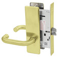 Corbin Russwin ML2010 mortise passage lockset with rectangular escutcheon plate and curved lever, satin brass finish - mortise body and latchbolt visible