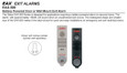 Detex EAX-500 Series exit alarm product overview sheet showing battery-powered door or wall mount exit alarm description, 100dB piezo horn callout, and mortise cylinder option note