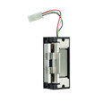 Locknetics NC450 electric strike, angled side view showing keeper and wire leads, 630 Satin Stainless Steel