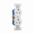 Eaton 270-9W residential grade duplex receptacle, #14-10 AWG, 15A, Commercial|Residential, Flush, 125V, Side and push, White, Brass, Impact-resistant thermoplastic, 5-15R, Duplex, Screw, Thermoplastic, Core pack, Auto grounding