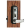 Lockey 2835 Mechanical Keyless Lever Lock installed on wood door, showing keypad, lever handle, and latch bolt in Satin Chrome finish