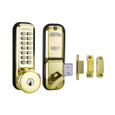 Lockey 2200 Series Mechanical Pushbutton Deadbolt – Bright Brass finish, Key Override variant, shown with adjustable throw hardware components