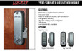 Lockey 2500 Series Surface Mount Hook Bolt Lock installed on wood door - features mechanical keyless operation, 3/8" throw, changeable handing; shown in Single Combination and Key Override configurations