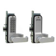 Lockey 2985 Mechanical Pushbutton Keyless Narrow Stile Lever Lock, 1-1/8 in. Backset, Satin Chrome, front and back view showing single and double combination configurations