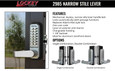 Lockey 2985 Narrow Stile Lever Lock features and options chart, showing single combination and double combination configurations with key specs including 1-1/8 in. backset and Adams-Rite replacement compatibility