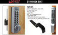 Lockey C150 Hook Bolt Combination Lock – features callout image showing lock installed on wood sliding door frame with hook bolt detail and C-25 Pull Handle compatibility note