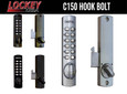 Lockey C150 Hook Bolt Combination Lock – Lockey USA branded product overview image showing multiple finish options, front and side views