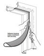 Pemko S88 door gasketing installation illustration showing adhesive backing being peeled and pressed onto door frame perimeter stop