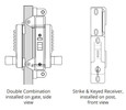 Lockey SUMO GL2 Gate Lock – installation diagram showing Double Combination lock side view on gate (left) and Strike & Keyed Receiver front view on post (right)