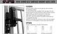 Lockey SUMO GL2 Gate Lock – features callout graphic listing key specs: no-weld surface mount, keyed cylinder lockout, adjustable strike, fits gates up to 3.5" thick