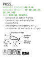 Pemko PK55 spec sheet showing 3/16" x 1/2" cross-section, ANSI R0G154 and R0G155 ratings, BHMA certified, Greenguard certified, available in black, dark brown, and white silicone