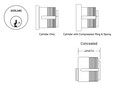 Schlage 20-001 mortise cylinder dimensional diagram showing cylinder-only and cylinder with compression ring and spring configurations, with concealed length callout
