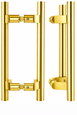 ABH AB3310 Offset Flat End Door Pull Handle in Bright Brass, back-to-back and single configurations shown, commercial grade surface mount