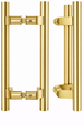 ABH AB3310 Offset Flat End Door Pull Handle in Satin Brass, back-to-back and single configurations shown, commercial grade surface mount