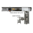 SDC PD2090A PanicLok electric bolt lock — cutaway cross-section showing panic device top latch installed in frame header engaging door top rail on narrow stile glass door