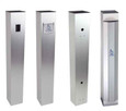SDC BP Series Square Bollard Posts comparison — four 628 Dull Aluminum bollards showing Narrow Switch Prep, Push Panel Prep, Single Gang Switch Prep, and Double Gang Switch Prep configurations side by side