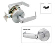 Falcon W511 Grade 2 Entry/Office Cylindrical Lever Lock — outside and inside lever views with door-function diagram showing keyed outside, turn/push-button inside