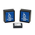 MS Sedco ClearPath CTP-H kit - front view of two assembled 4½-inch square black ADA push-plate switches with blue 'Press to Operate Door' face plates and FCC-certified wireless receiver module