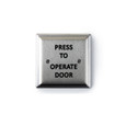 MS Sedco 59-P BioPlate 4-1/2" square push plate switch, stainless steel faceplate with black "Press To Operate Door" legend