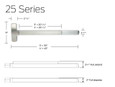 Falcon 25 Series rim exit device dimensioned drawing showing 9-inch height, 2¼-inch width, bar lengths for 3-foot and 4-foot sizes, and latch travel of 2½-inch full extend and 2-inch full depress