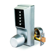 Dormakaba Simplex 1000 Series mechanical pushbutton knob lock, 626 Satin Chrome finish, shown with latch assembly and brass bolt