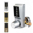 Dormakaba Simplex 1011 Mechanical Push Button Knob Lock — front view in Satin Chrome with Bright Brass and Antique Brass finish options shown inset