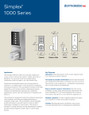Dormakaba Simplex 1000 Series spec sheet showing exterior dimensions, latch detail, application description, and key features for the 1011 push button knob lock