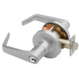 Falcon T581 Grade 1 Cylindrical Storeroom Lock with Avalon Lever in Satin Chrome finish, 2-3/4 inch backset, 3/4 view showing latchbolt and keyed cylinder