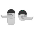 Schlage NDEB Wireless Cylindrical Lock - Grade 1 ENGAGE Series, Latitude Lever, Satin Chrome (626), exterior and interior view