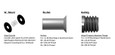 Trimco AP400 Series accessory options: W-Mount glass door kit with clear spacer and felt washers, Riv-Nut for aluminum doors (R3–R5 thread options), and wood-to-machine-thread bushing for wood doors (B3–B5)