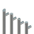 Trimco AP413 ladder pull size comparison showing multiple lengths side by side, 1-inch diameter round bar with offset standoffs and square ends, Satin Stainless Steel