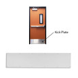 Ives 8400 Series Kick Plate shown installed at the base of a commercial steel door, with product callout arrow indicating placement