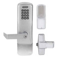 Schlage CO-100 993R Keypad Exit Device Trim, Latitude Lever, Satin Chrome — exploded view showing exterior keypad trim, interior escutcheon, and rim cylinder components