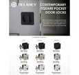 Delaney Contemporary Square Pocket Door Lock finish options overview, Matte Black, Satin Nickel, and Polished Chrome shown across Entry, Privacy, and Passage functions