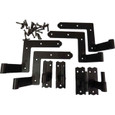 Delaney Hardware Exterior Shutter Blind Hinges complete set contents flat lay showing strap hinges, pintle hinges, and mounting screws on white background