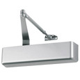 Falcon SC81A Series Surface-Mount Medium Duty Cast Aluminum Door Closer, 689 Aluminum finish, shown with full cover and parallel arm — front three-quarter view