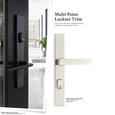 Emtek Modern Multi Point Lock Trim catalog spread showing Flat Black finish on a swinging patio door alongside Satin Nickel finish with Diamond Lever on white background