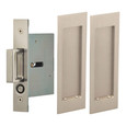 Omnia 7035/N Modern Rectangular Pocket Door Lock with Mortise Edge Pull – Passage Function in Satin Nickel Plated finish, shown with mortise body and pair of flush pulls