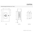 Emtek 2108 Modern Rectangular Pocket Door Lock - dimensioned drawing showing 2-1/2" x 4-1/2" face plate, side view, and strike plate, not to scale