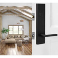 Weslock 6621 Addy Handleset with Atlas Lever in Matte Black installed on a white interior door, shown in a residential living space