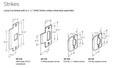 Falcon W301 compatible strike options diagram – ANSI prep A115.2 standard strike, T-strike square corner, full lip radius corner, and full lip square corner with dimensions