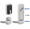 Schlage FE410F Control Smart Interconnected Lock with Greenwich Trim and Saturn Lever in Satin Chrome (626) — 4" center-to-center bore spacing diagram
