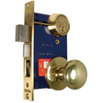 Marks USA 22AC Series Entrance Double Cylinder Ornamental Iron Mortise Lock with Round Knob in US3 Polished Brass finish, right-hand reverse handing, shown with mortise case and faceplate